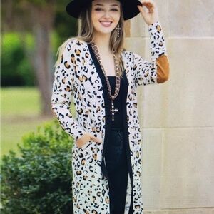 White Leopard Patched Elbows Longe Duster Cardigan